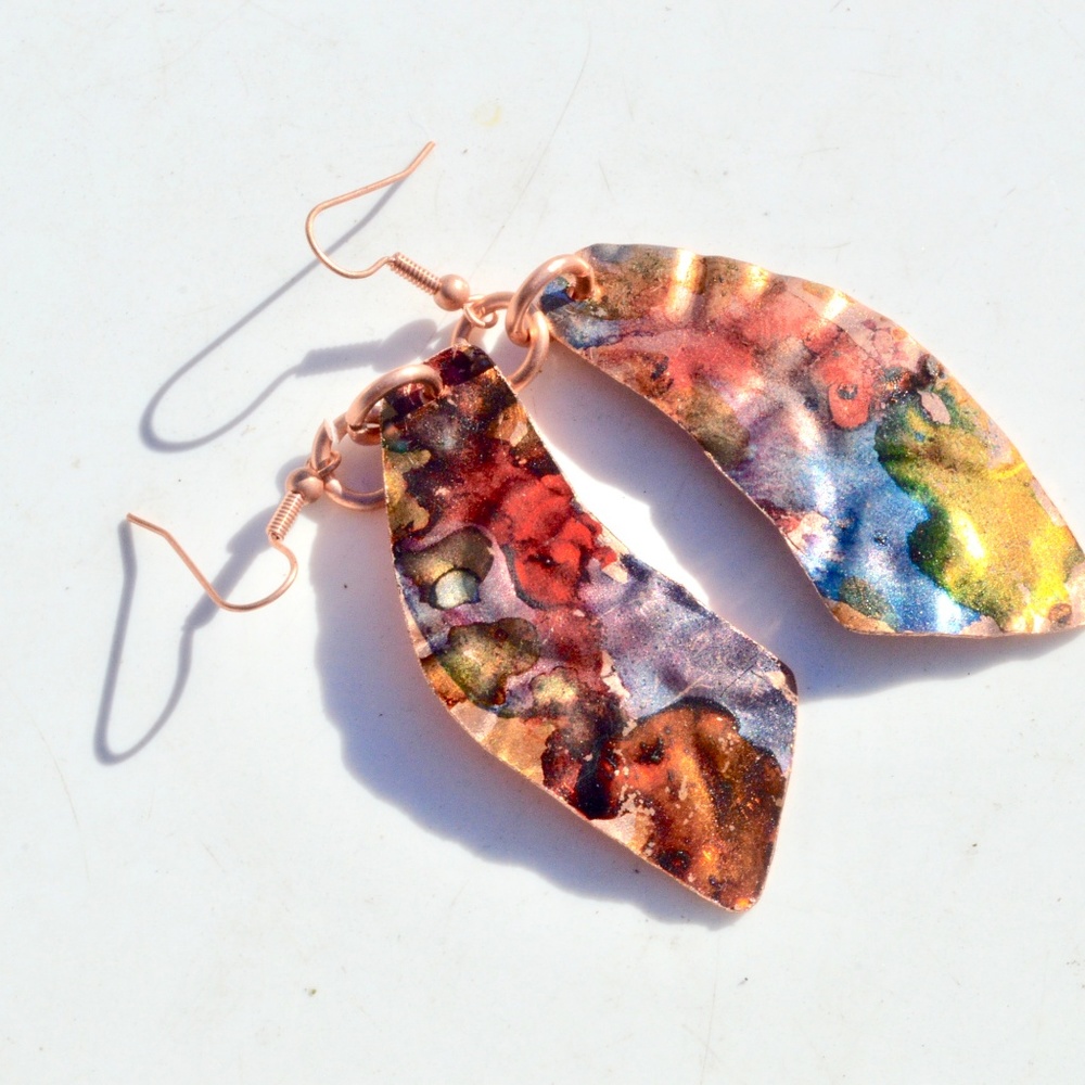 Abstract Geometric Rainbow Solid pure Copper Statement Earrings Hippie Handmade - Picture 3 of 3